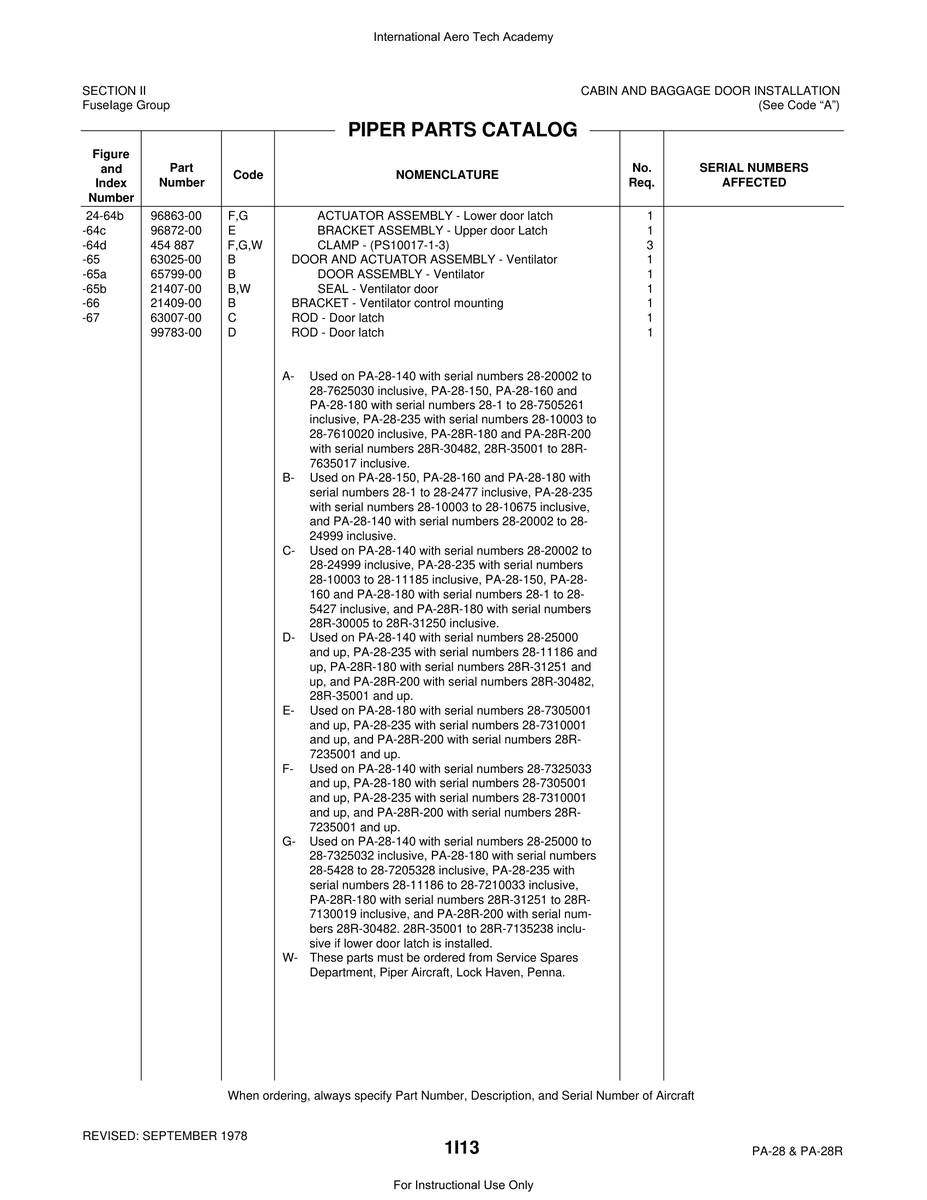 Aviation Part 63007-00 for Piper PA-28 Cherokee Aircraft