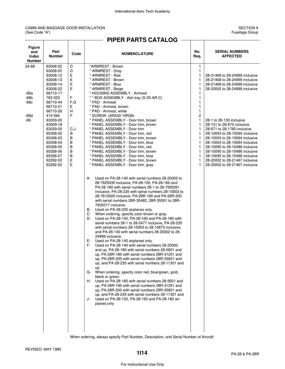 Aviation Part 66710-44 for Piper PA-28 Cherokee Aircraft