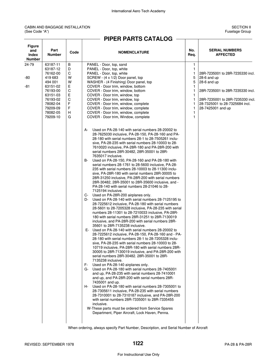 Aviation Part 79209-09 for Piper PA-28 Cherokee Aircraft