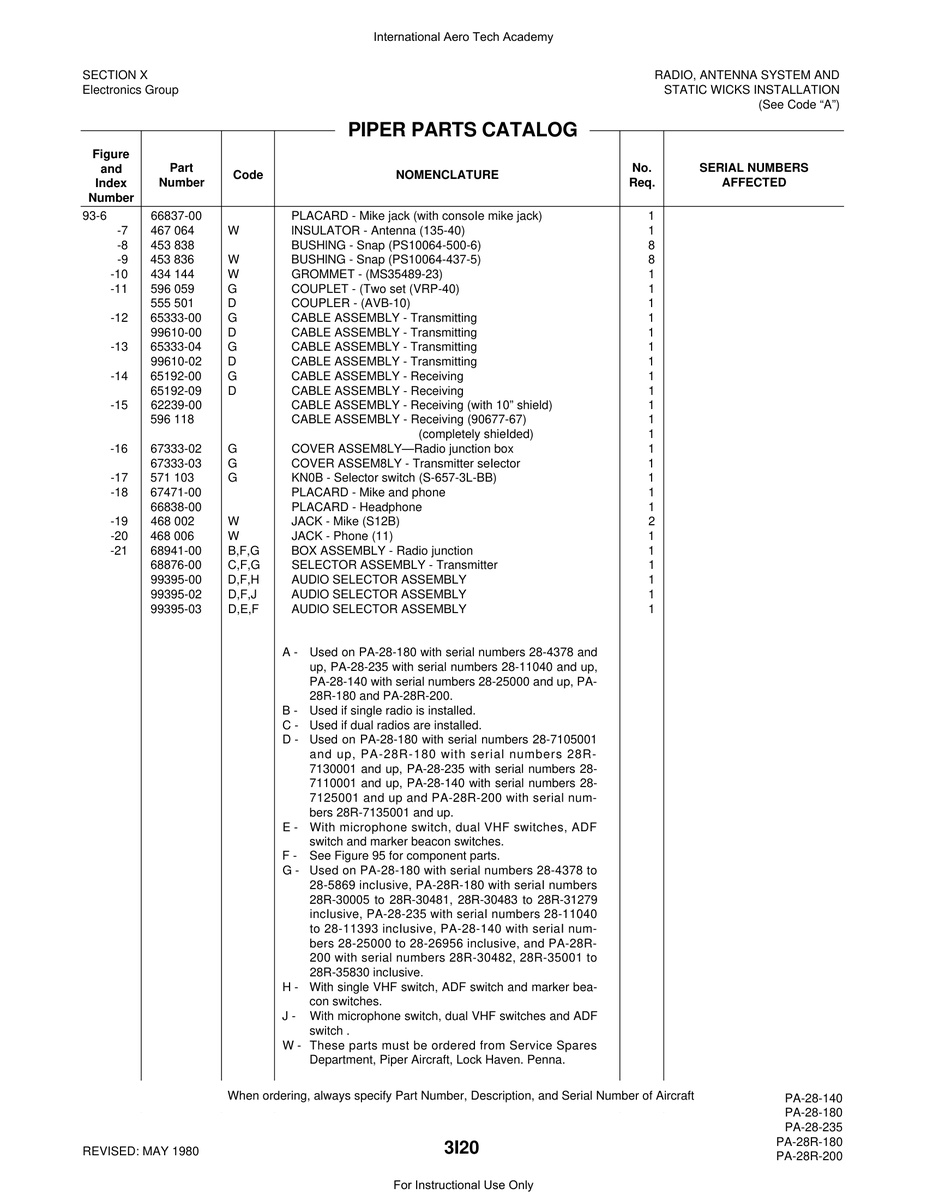 Aviation Part 68941-00 for Piper PA-28 Cherokee Aircraft