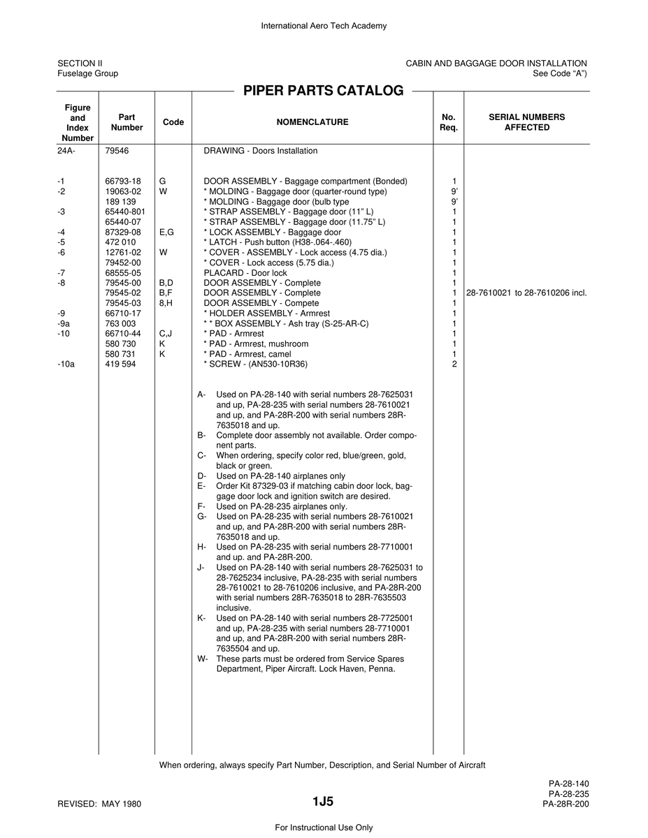 Aviation Part 79545-03 for Piper PA-28 Cherokee Aircraft