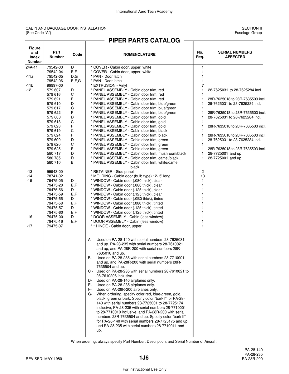 Aviation Part 79475-56 for Piper PA-28 Cherokee Aircraft