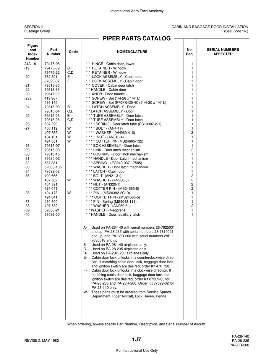 Aviation Part 79515-03 for Piper PA-28 Cherokee Aircraft