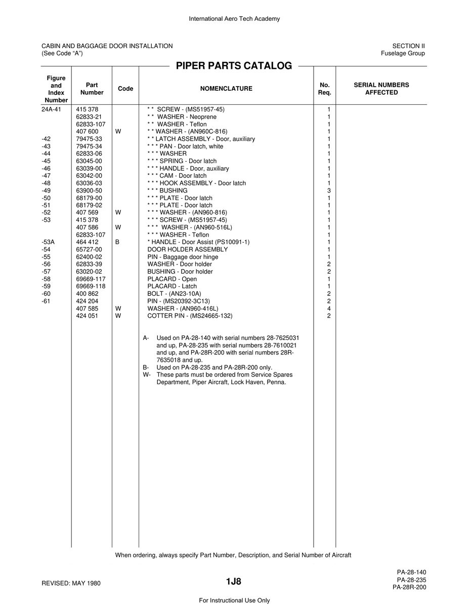 Aviation Part 79475-33 for Piper PA-28 Cherokee Aircraft