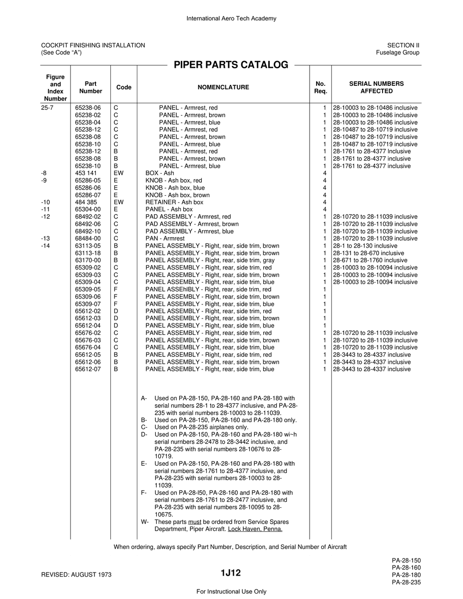 Aviation Part 65309-03 for Piper PA-28 Cherokee Aircraft