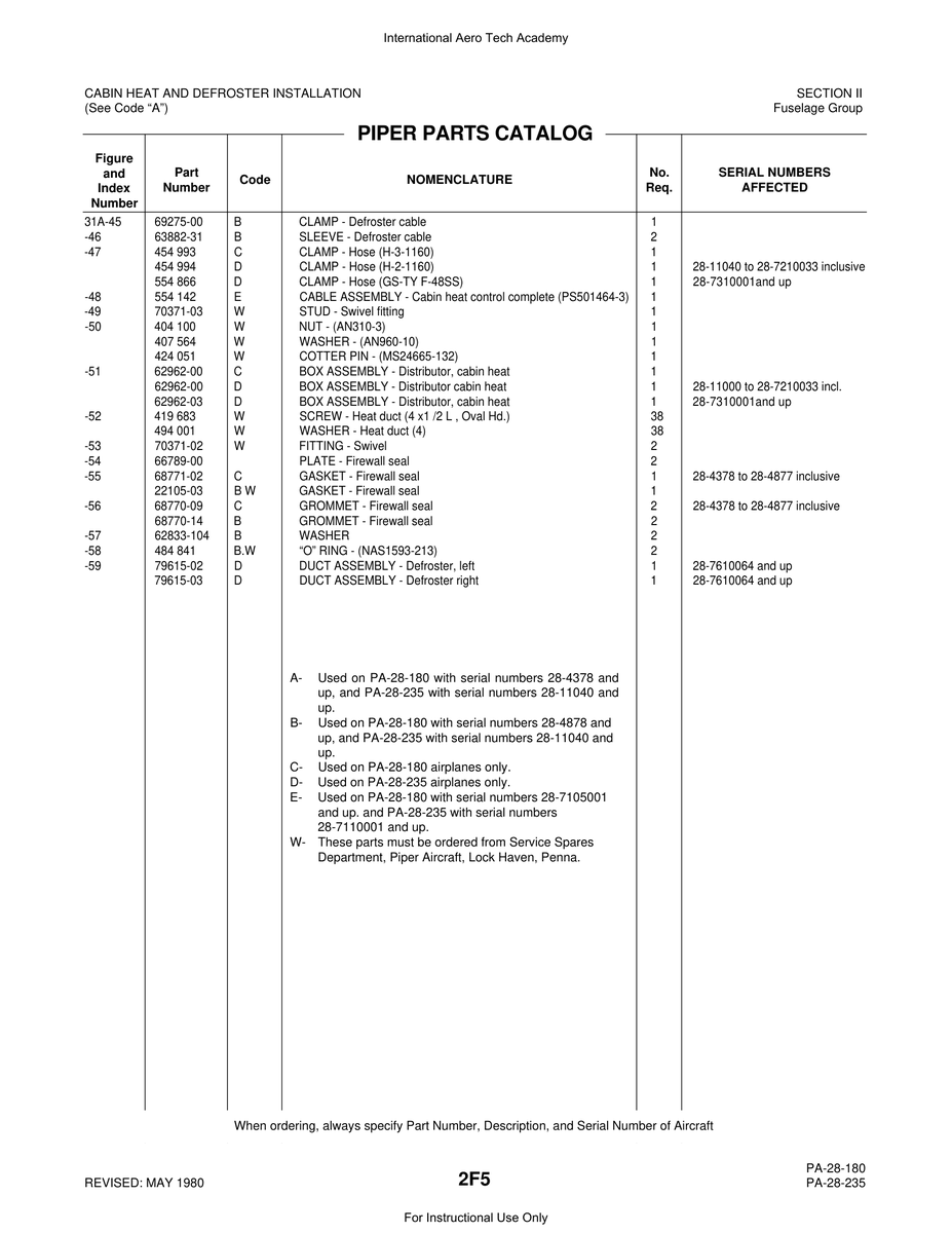 Aviation Part 68770-09 for Piper PA-28 Cherokee Aircraft