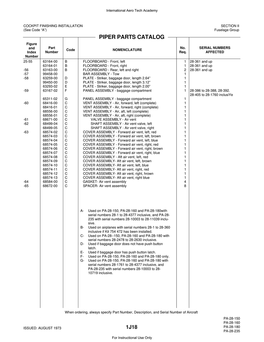 Aviation Part 68574-03 for Piper PA-28 Cherokee Aircraft