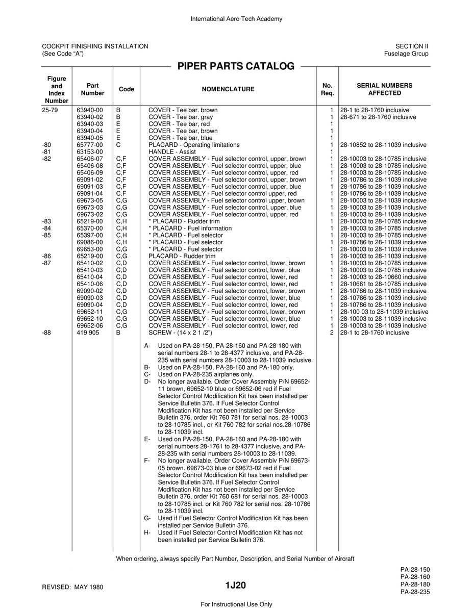 Aviation Part 65370-00 for Piper PA-28 Cherokee Aircraft