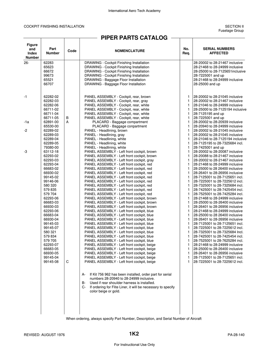 Aviation Part 99145-07 for Piper PA-28 Cherokee Aircraft
