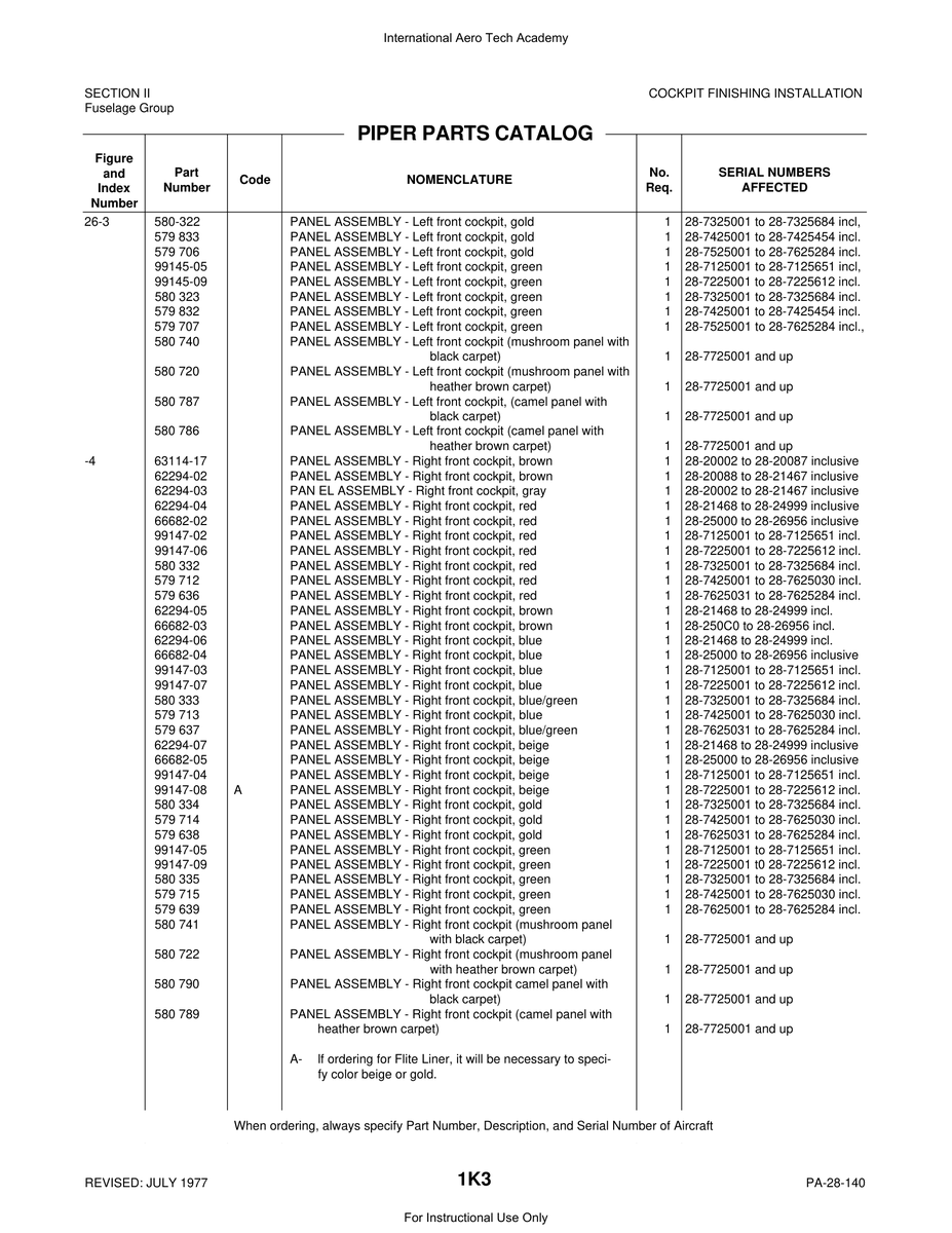 Aviation Part 99145-05 for Piper PA-28 Cherokee Aircraft