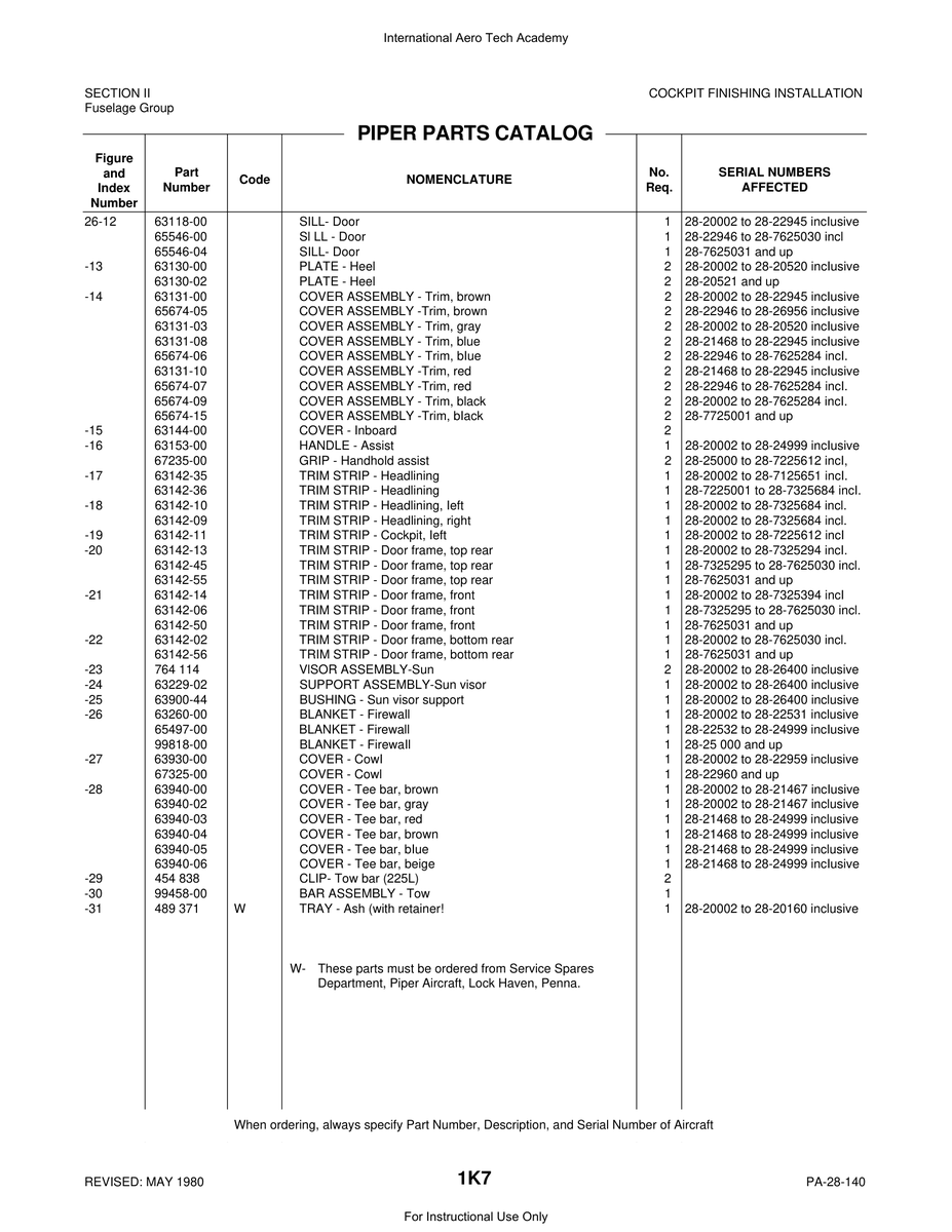 Aviation Part 67235-00 for Piper PA-28 Cherokee Aircraft
