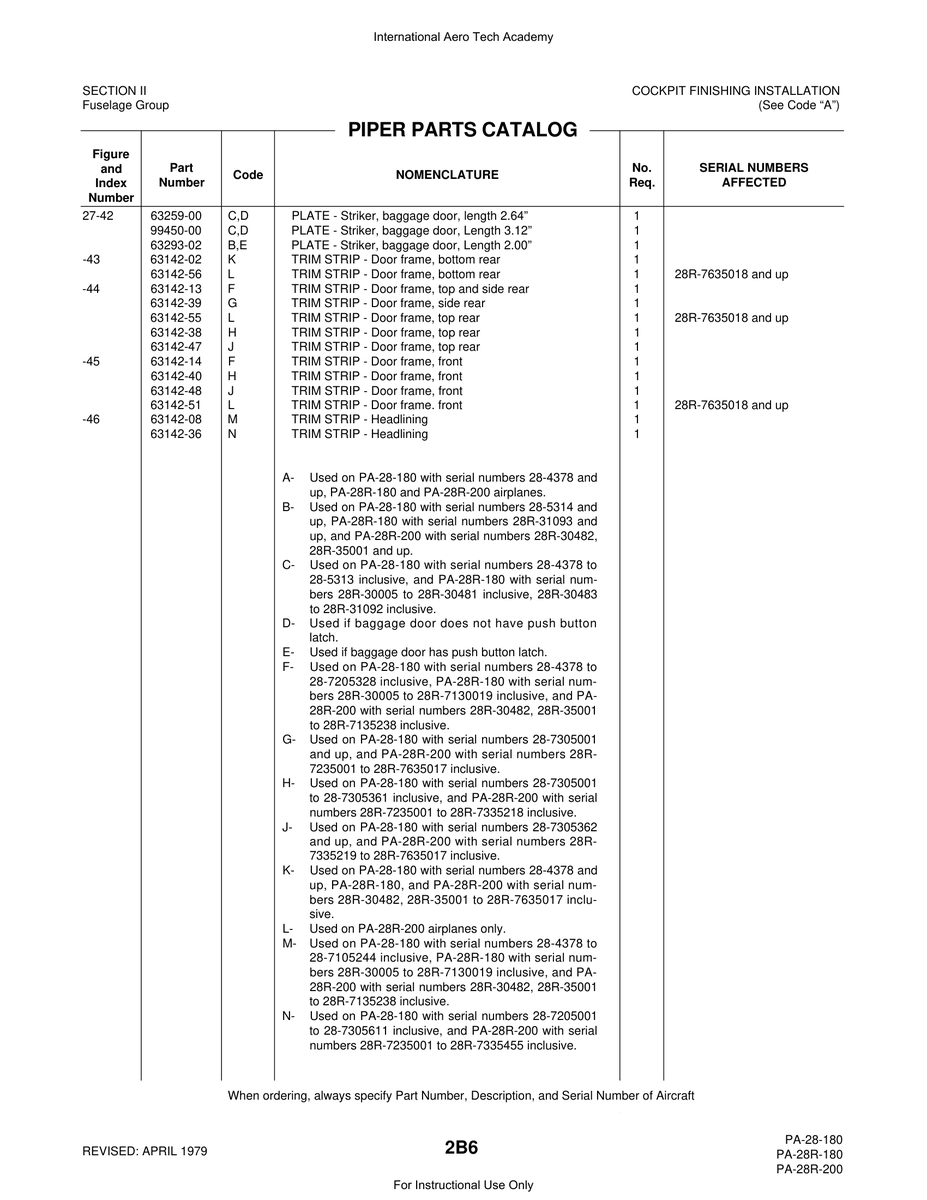 Aviation Part 63142-38 for Piper PA-28 Cherokee Aircraft