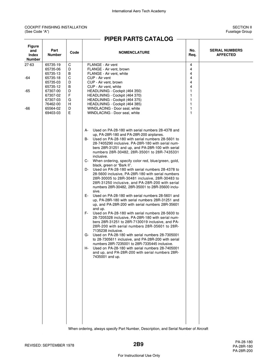 Aviation Part 65735-12 for Piper PA-28 Cherokee Aircraft