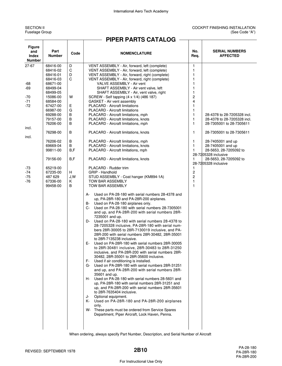 Aviation Part 69669-04 for Piper PA-28 Cherokee Aircraft