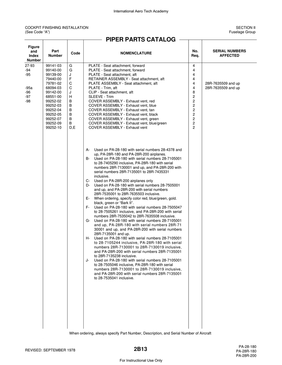 Aviation Part 99252-09 for Piper PA-28 Cherokee Aircraft