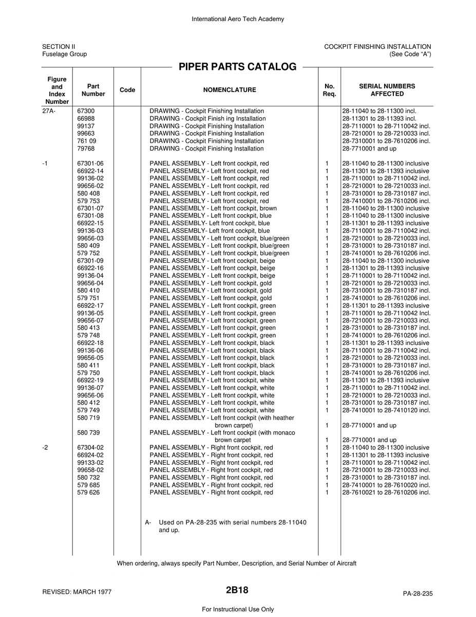 Aviation Part 99656-07 for Piper PA-28 Cherokee Aircraft