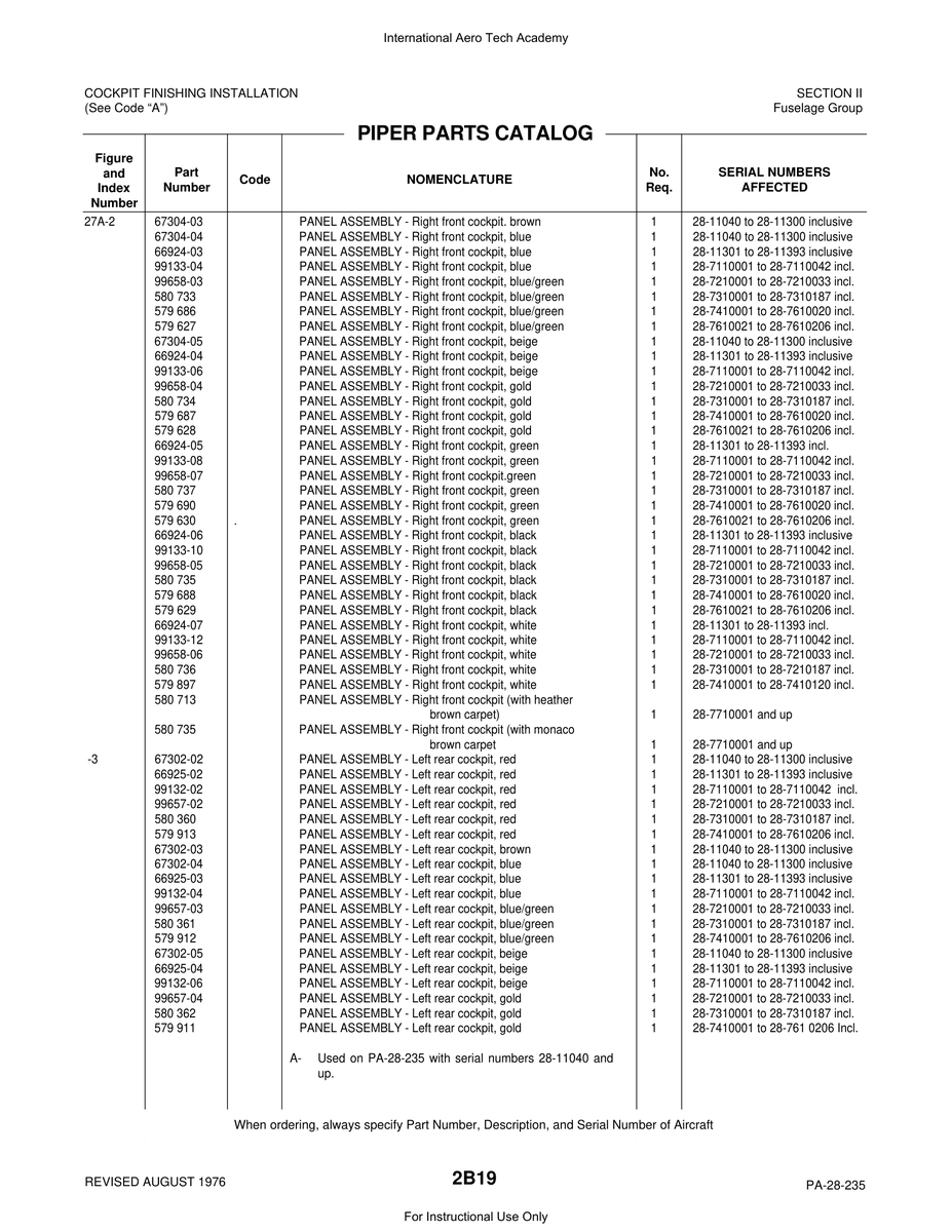 Aviation Part 66924-03 for Piper PA-28 Cherokee Aircraft