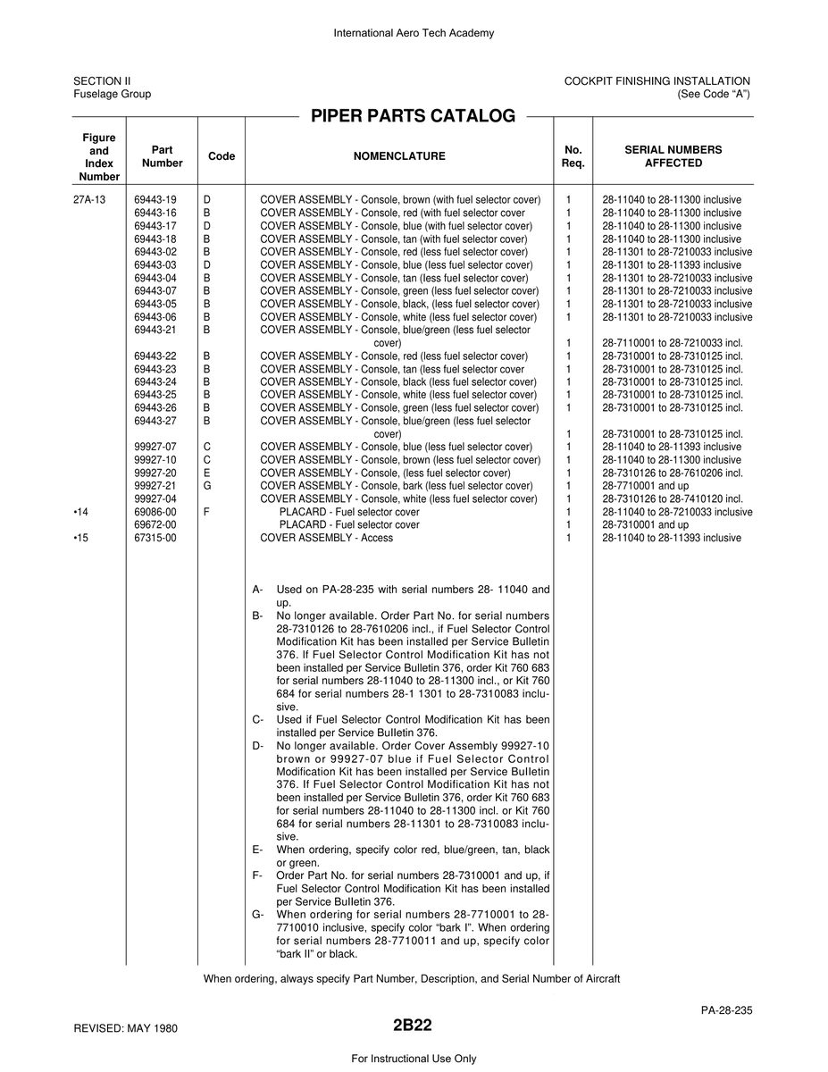 Aviation Part 69443-21 for Piper PA-28 Cherokee Aircraft