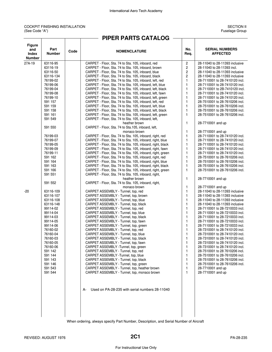 Aviation Part 63116-148 for Piper PA-28 Cherokee Aircraft