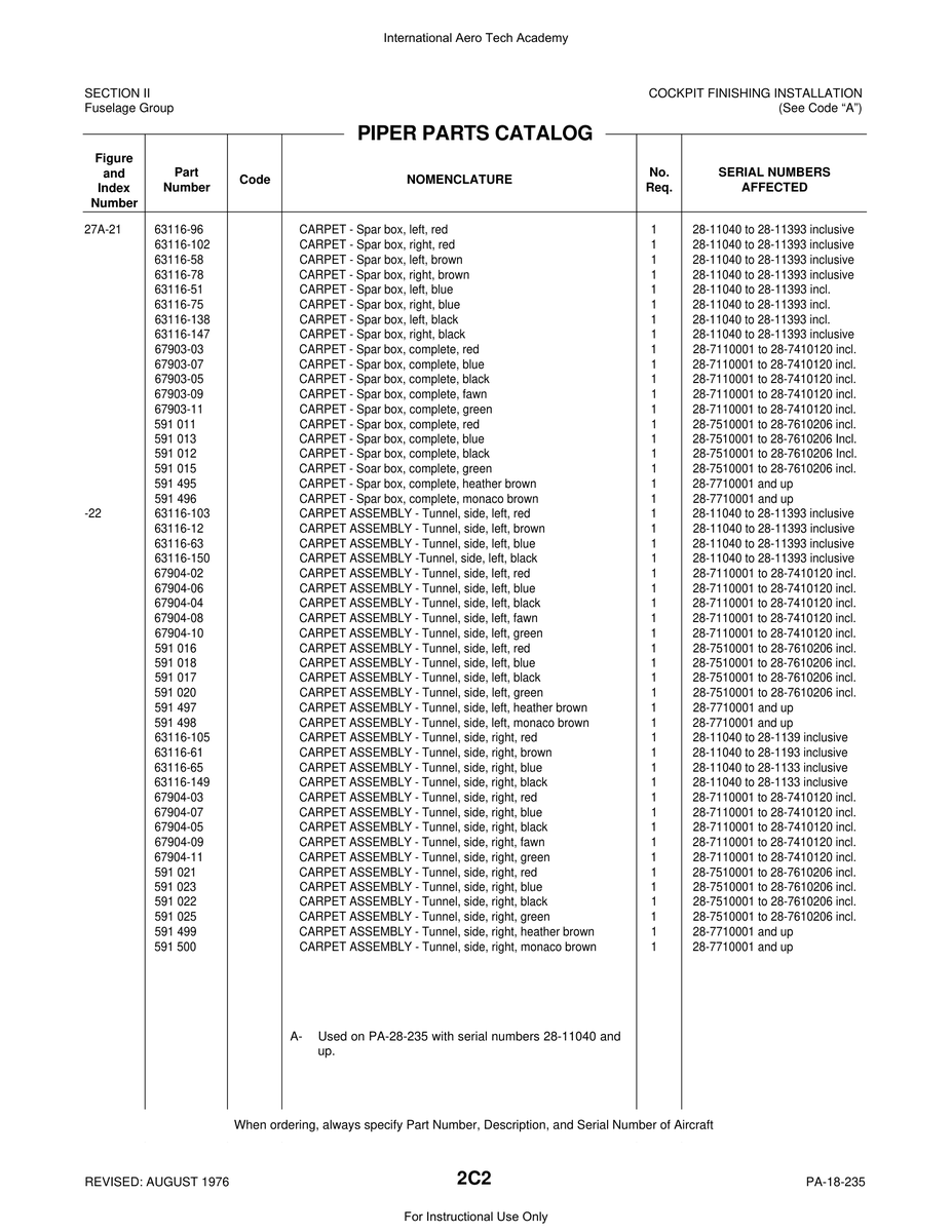 Aviation Part 67903-09 for Piper PA-28 Cherokee Aircraft