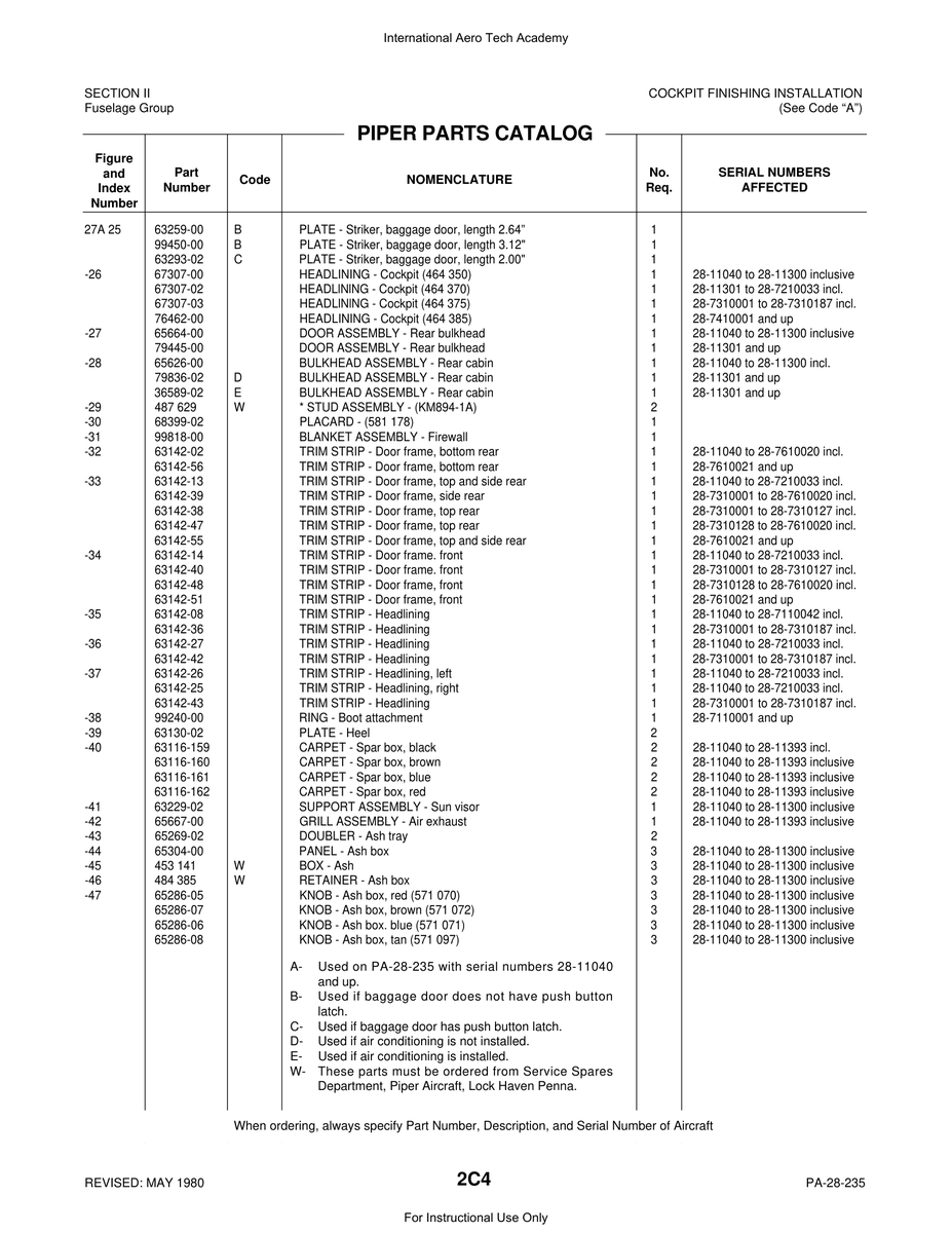 Aviation Part 63116-162 for Piper PA-28 Cherokee Aircraft