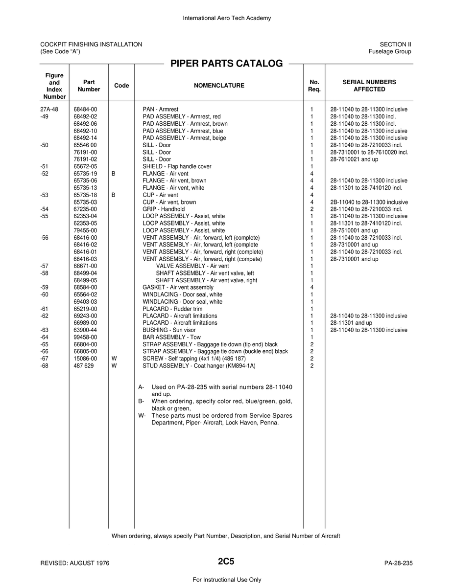 Aviation Part 66989-00 for Piper PA-28 Cherokee Aircraft