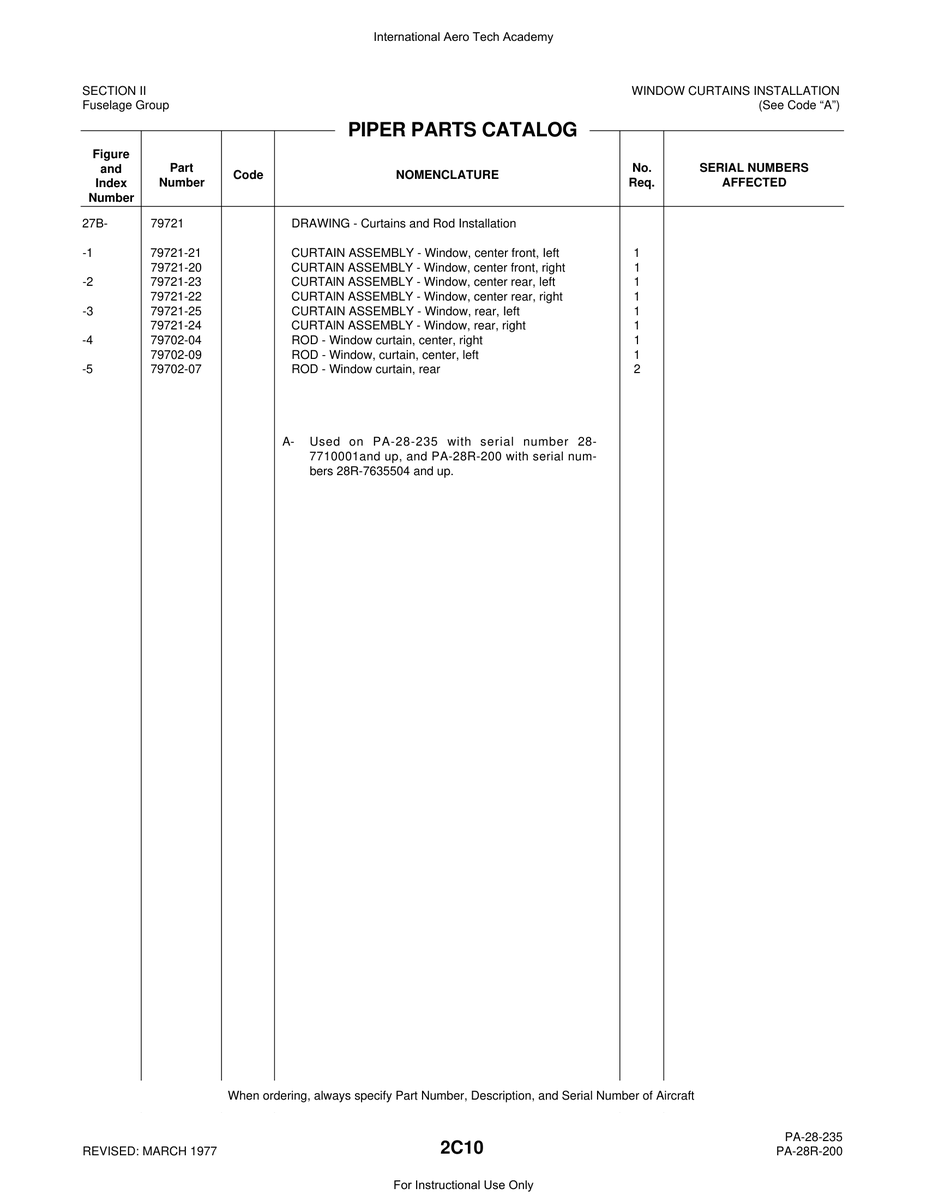 Aviation Part 79702-07 for Piper PA-28 Cherokee Aircraft