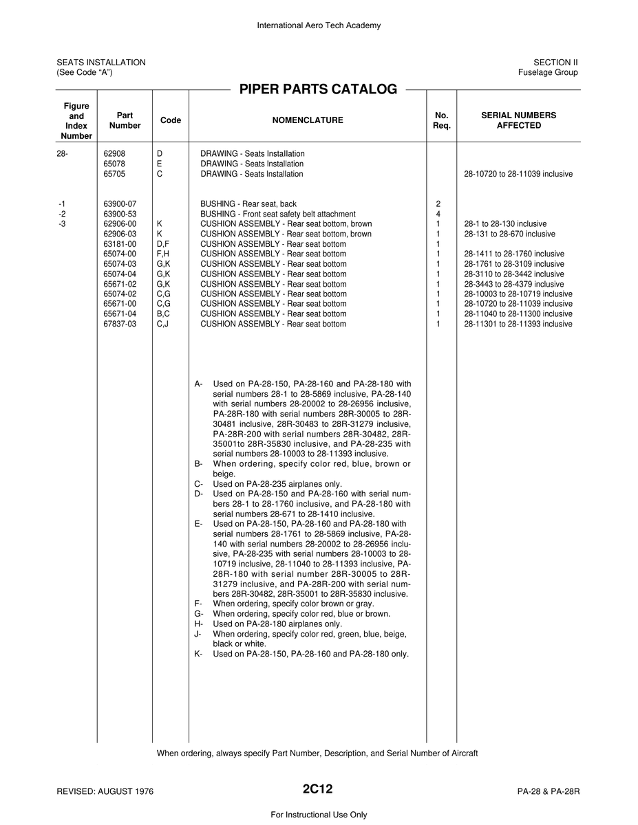Aviation Part 65074-02 for Piper PA-28 Cherokee Aircraft