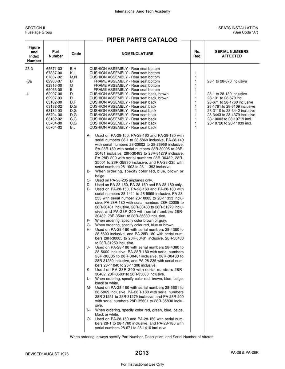 Aviation Part 63182-00 for Piper PA-28 Cherokee Aircraft