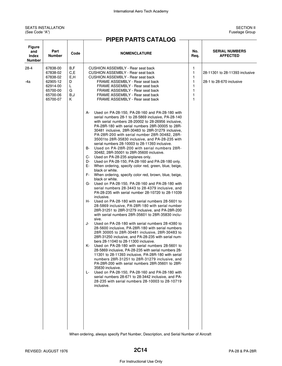 Aviation Part 67838-02 for Piper PA-28 Cherokee Aircraft