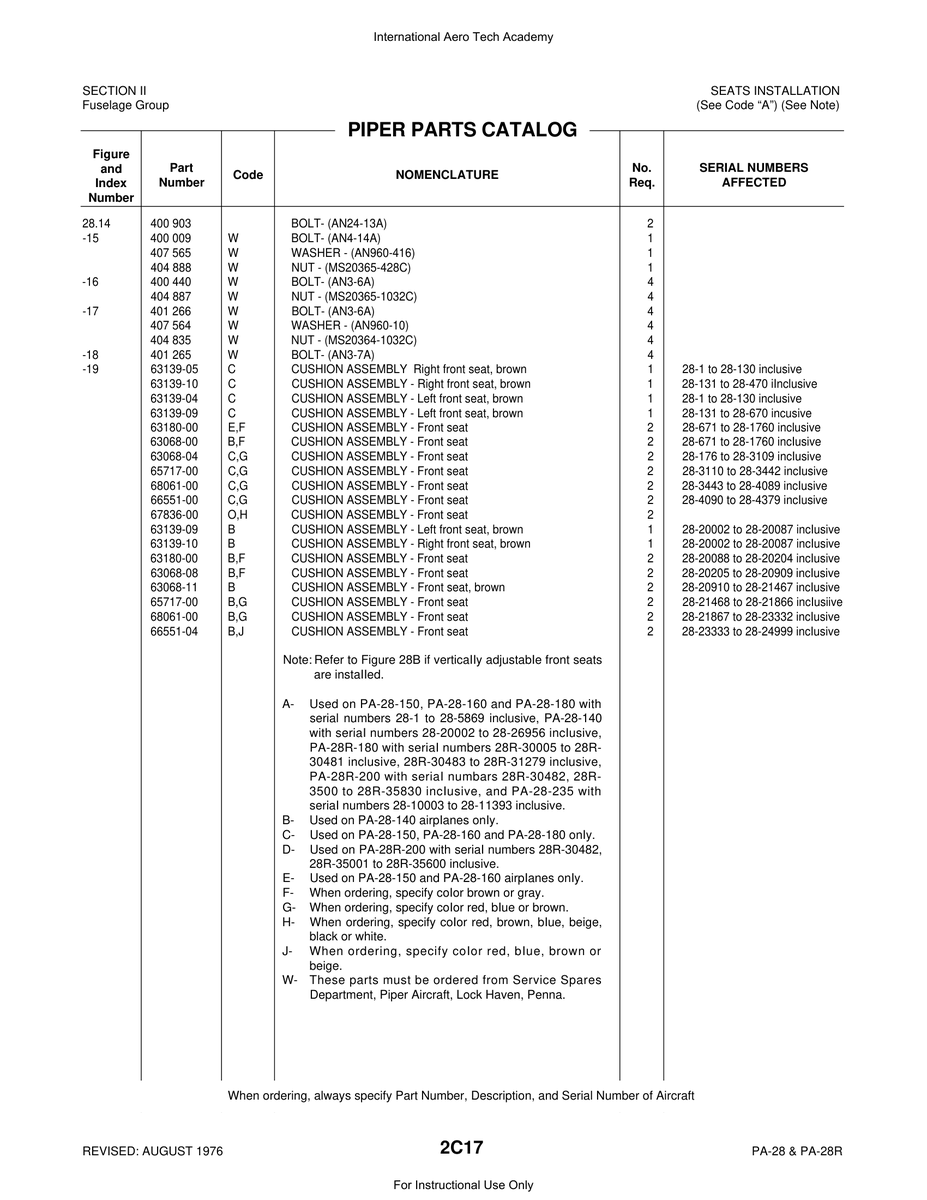 Aviation Part 63068-04 for Piper PA-28 Cherokee Aircraft