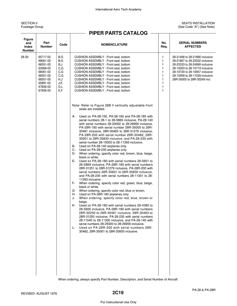 Aviation Part 67836-05 for Piper PA-28 Cherokee Aircraft