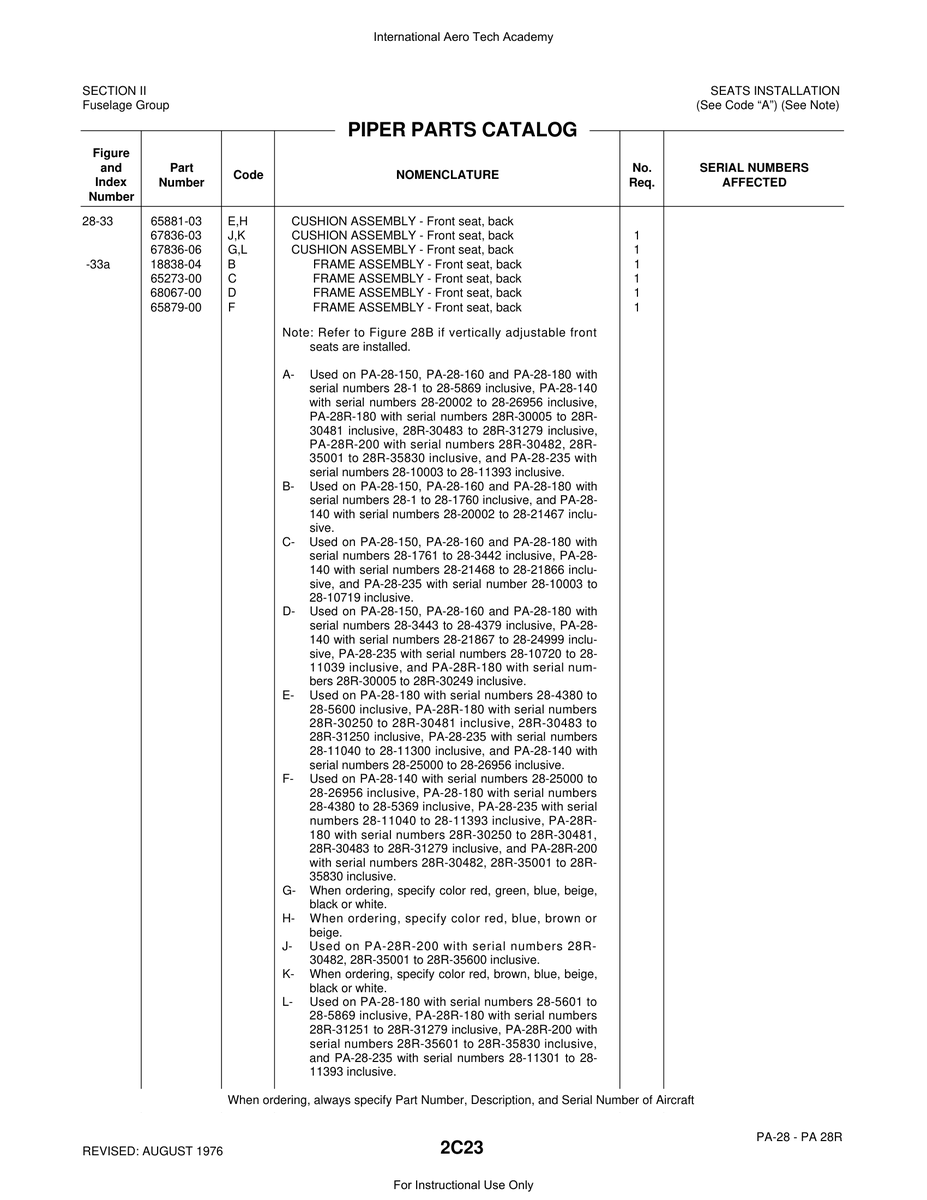Aviation Part 65881-03 for Piper PA-28 Cherokee Aircraft