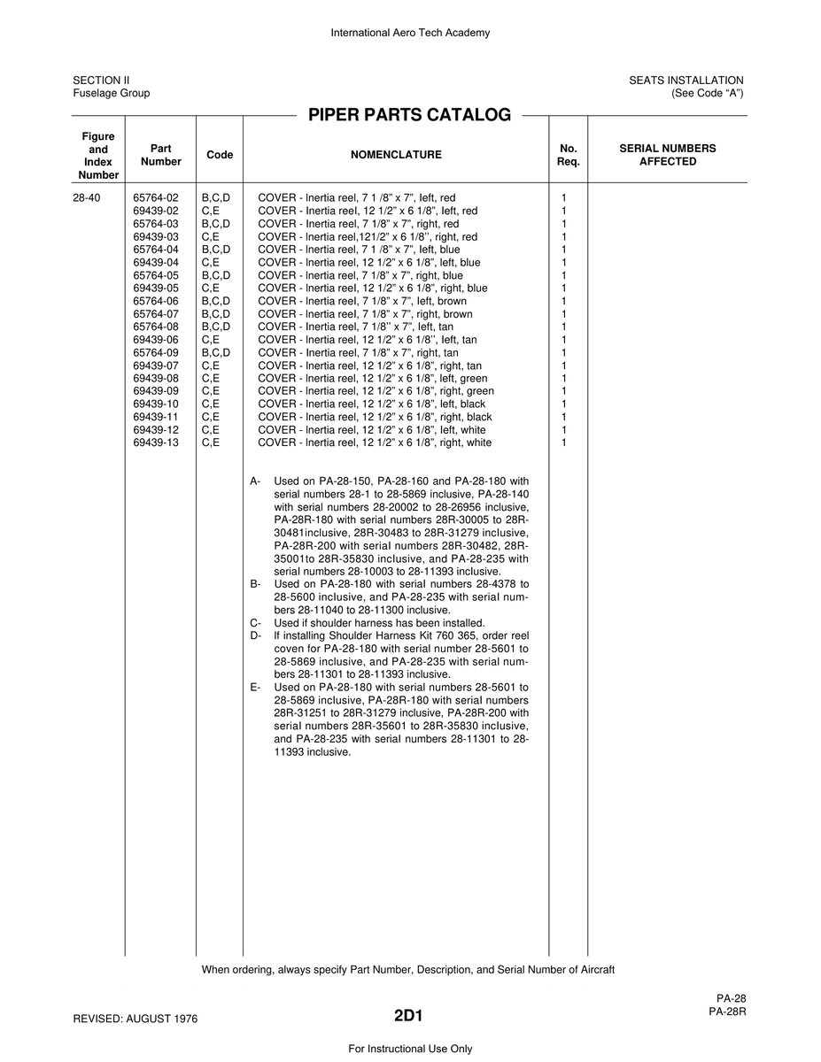 Aviation Part 65764-09 for Piper PA-28 Cherokee Aircraft