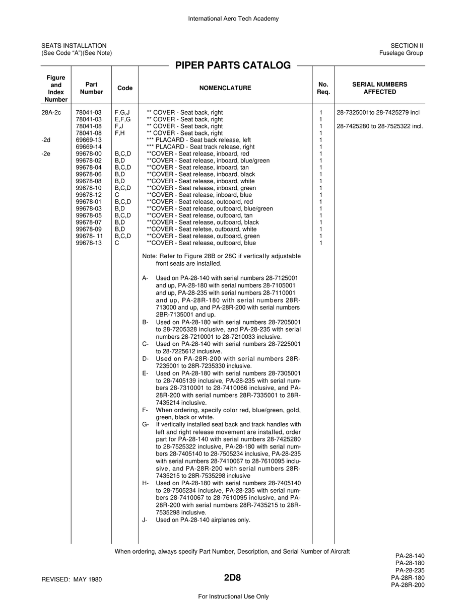 Aviation Part 99678-00 for Piper PA-28 Cherokee Aircraft