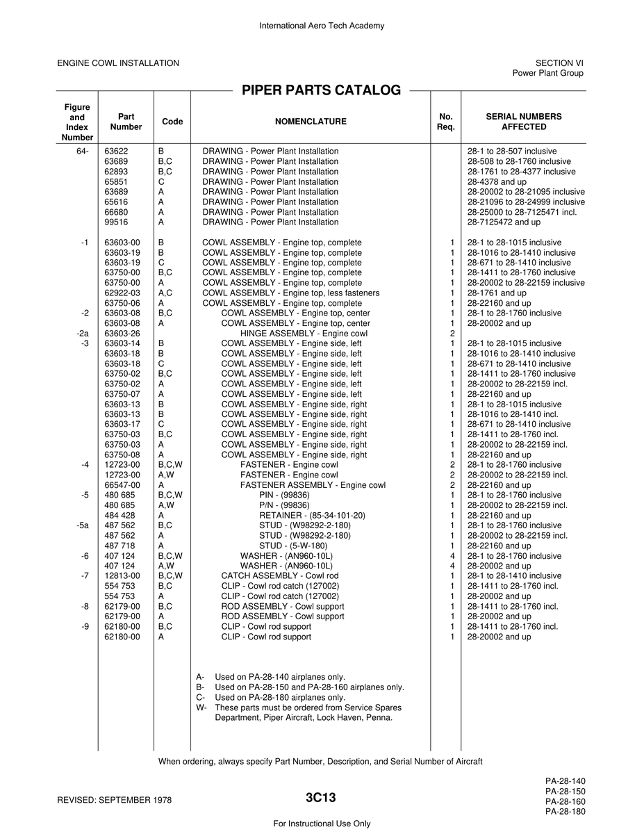 Aviation Part 63603-17 for Piper PA-28 Cherokee Aircraft
