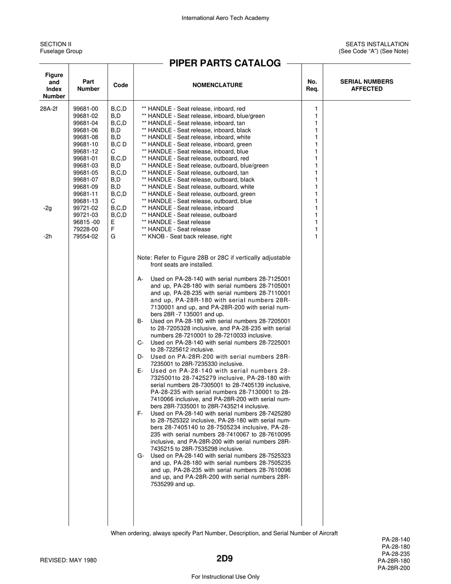 Aviation Part 99681-01 for Piper PA-28 Cherokee Aircraft