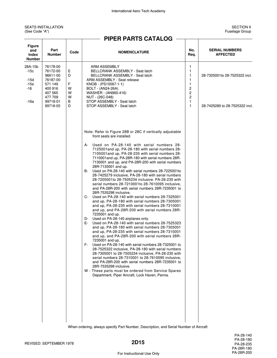 Aviation Part 28A-15b for Piper PA-28 Cherokee Aircraft