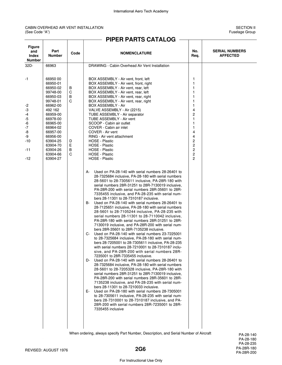 Aviation Part 63904-70 for Piper PA-28 Cherokee Aircraft