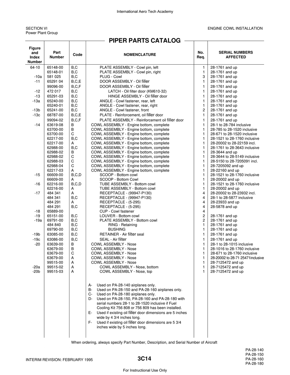 Aviation Part 69791-00 for Piper PA-28 Cherokee Aircraft
