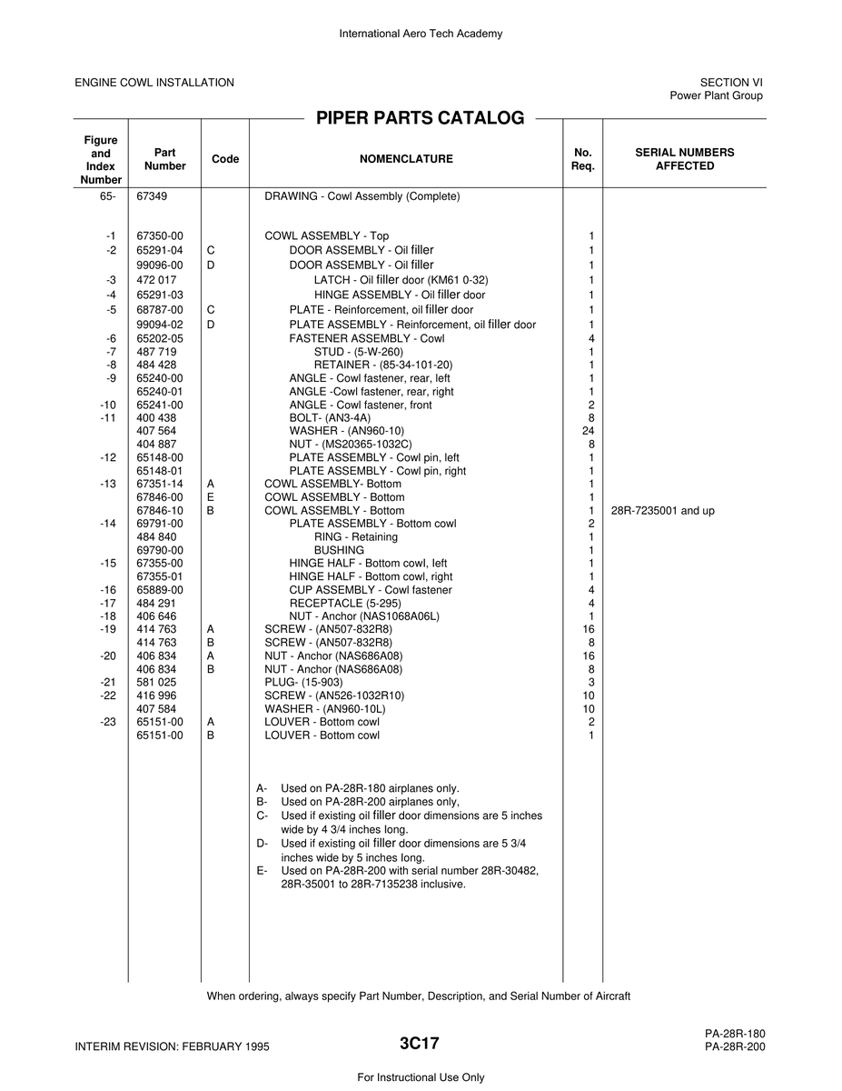 Aviation Part 67846-00 for Piper PA-28 Cherokee Aircraft
