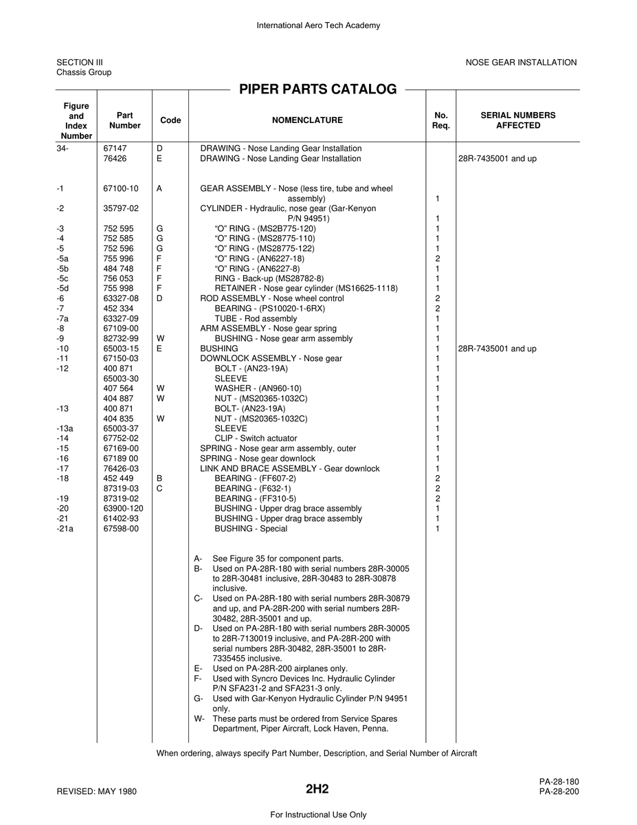 Aviation Part 67598-00 for Piper PA-28 Cherokee Aircraft