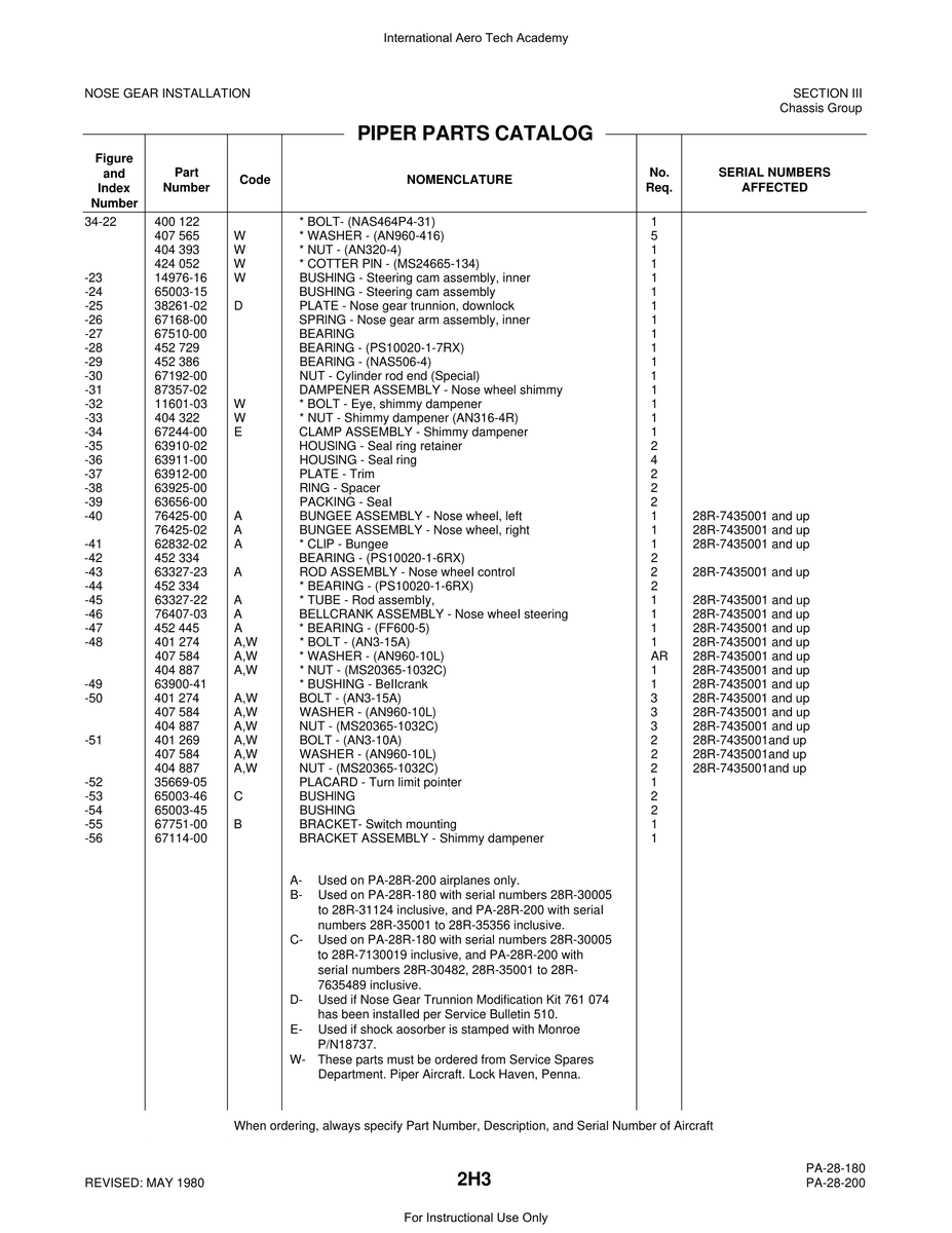 Aviation Part 67114-00 for Piper PA-28 Cherokee Aircraft