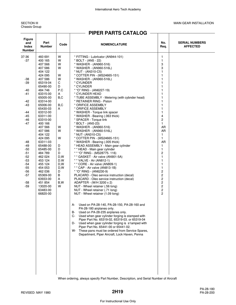 Aviation Part 65490-00 for Piper PA-28 Cherokee Aircraft