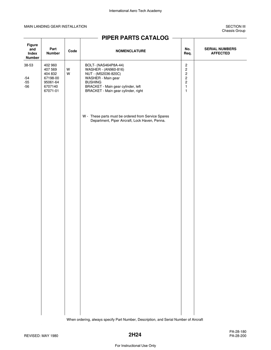 Aviation Part 6707140 for Piper PA-28 Cherokee Aircraft