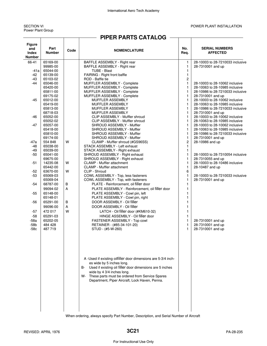Aviation Part 65139-00 for Piper PA-28 Cherokee Aircraft