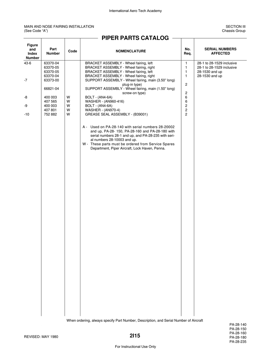 Aviation Part 63373-00 for Piper PA-28 Cherokee Aircraft