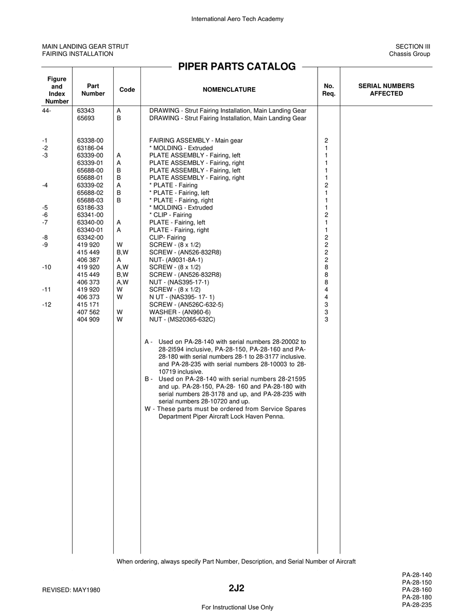 Aviation Part 63340-00 for Piper PA-28 Cherokee Aircraft