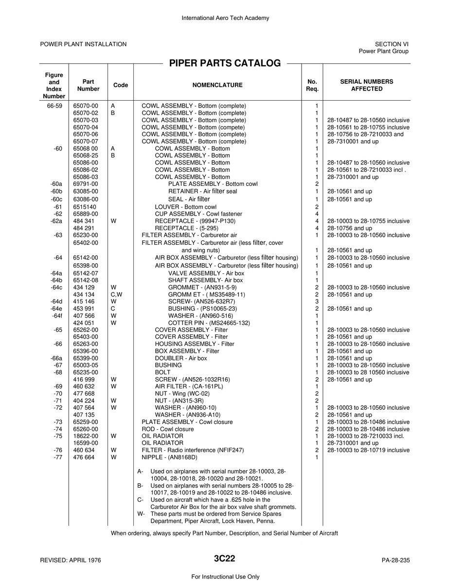 Aviation Part 65262-00 for Piper PA-28 Cherokee Aircraft
