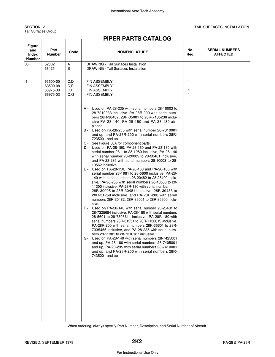 Aviation Part 63500-00 for Piper PA-28 Cherokee Aircraft